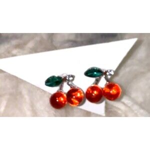 Cherries Earrings Made With  Crystal Green  Red Cherry Jewelry
